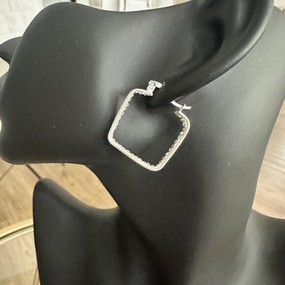Sterling Silver 925 Square Hoop Earrings With Zircon Accents 3MM - Picture 1 of 9